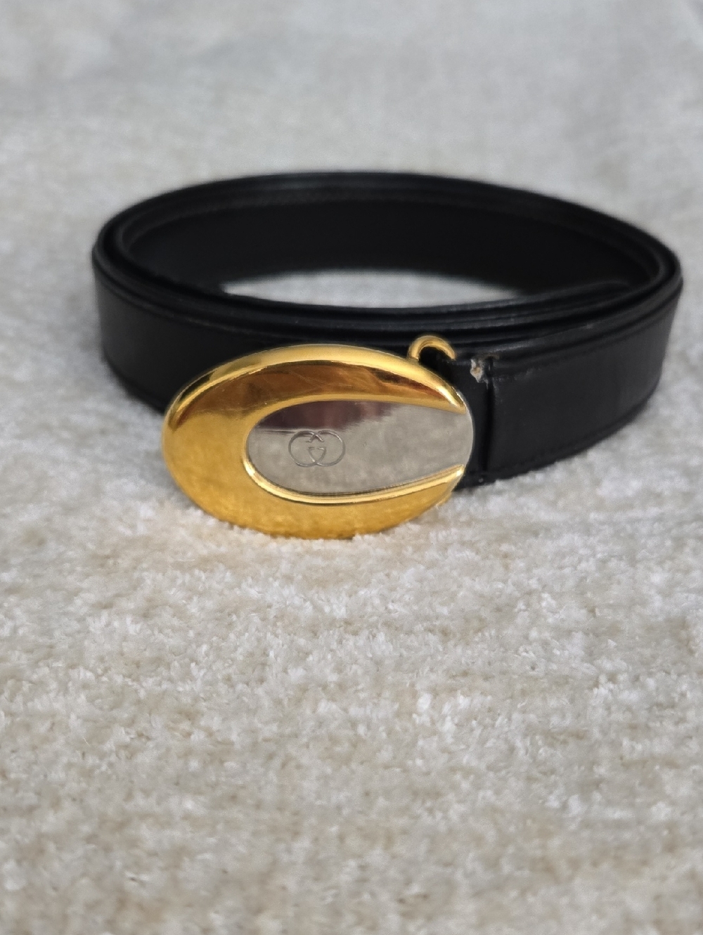 Gucci Black Leather Belt with Gold and Silver Oval Buckle